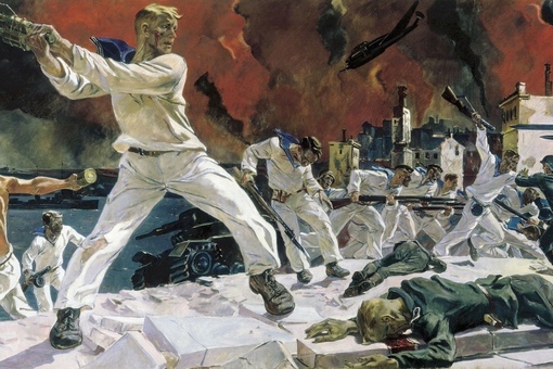 Скинув черные бушлаты, 
Черноморцы в дни войны 
Здесь на танки шли..0