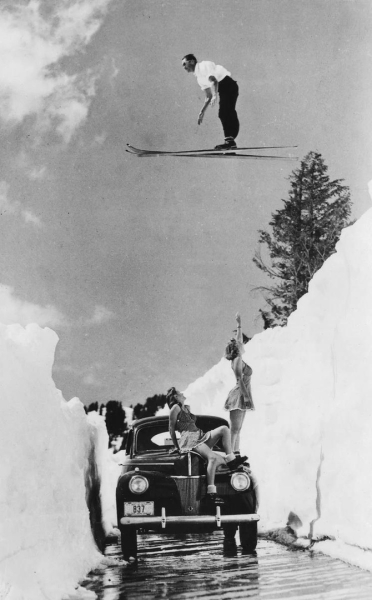 Лыжник Дик Браун перепрыгивает через свой пикап, 1940 год, округ..0
