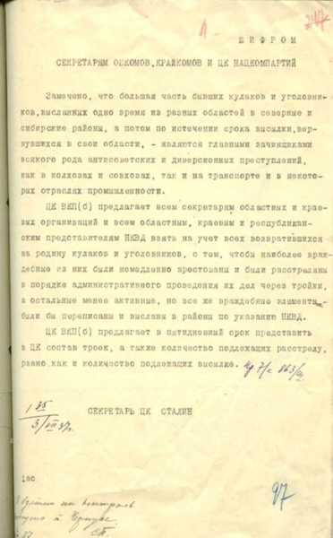 РЕШЕНИЕ ПОЛИТБЮРО
ЦК ВКП(б) № П51/94 от 2 июля 1937 г. 