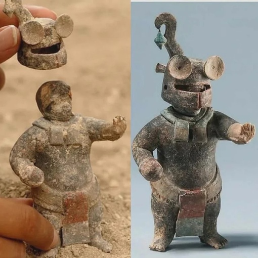 Керамическая статуэтка майя со съемным шлемом возрастом 1500 лет..0