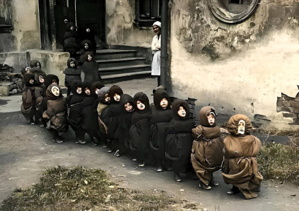 Дети в спальных мешках идут спать днём на свежем воздухе, 1930-е..0