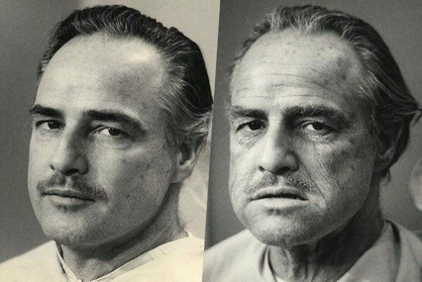 Марлон Брандо до и после макияжа на съемках «Крестного отца», 1972..0