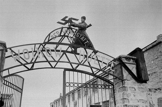 Красноармеец демонтирует оккупационную символику с ворот..0