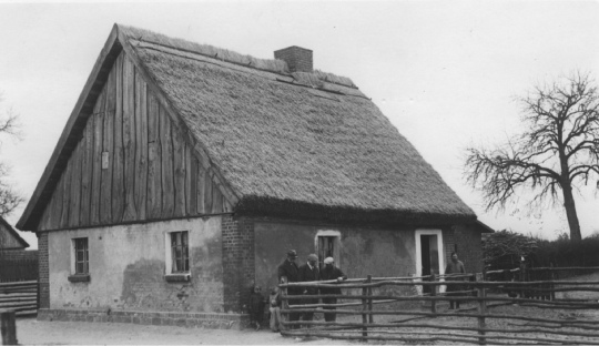 Люди стоят перед крестьянским домом в Недзведзинах, Польша, 1934..0