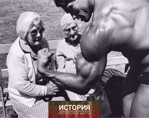 Арнольд Шварценеггер демонстрирует мускулы пожилым дамам, 1980-е..0