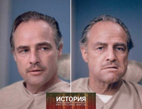 Марлон Брандо до и после грима во время съемок фильма «Крестный..0