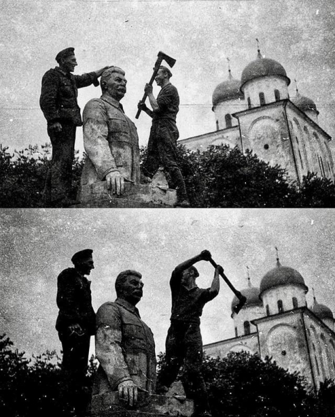 В 1941 году немецкие солдаты срубают голову статуе Сталина.
После..0